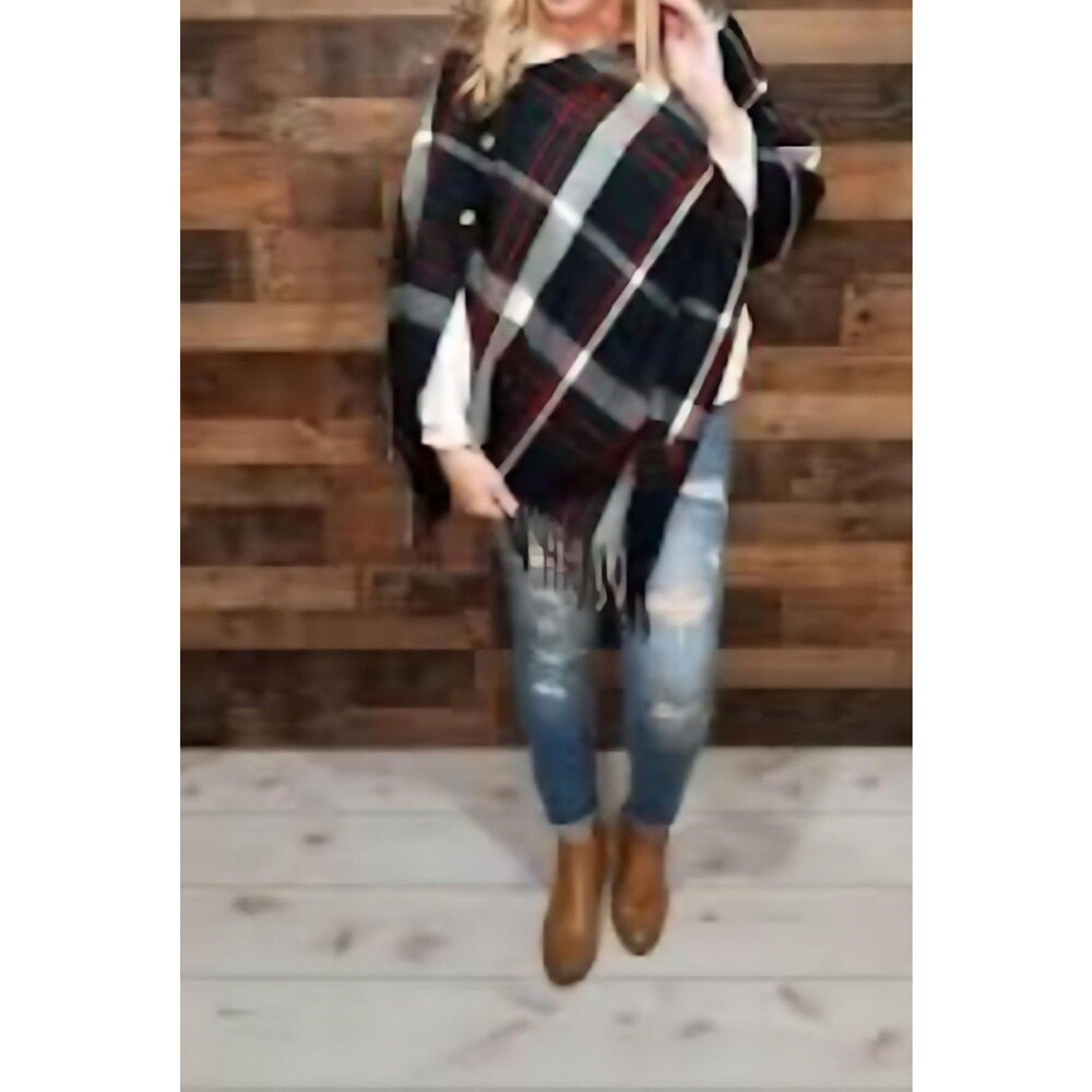 Madden Girl Tartan Plaid Womenâs Black And Red One Button Hooded Poncho Cape O/S